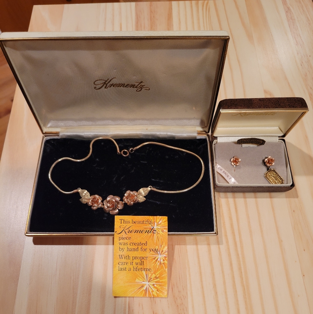 Vintage Krementz 14K Gold Overlay Rose Choker Necklace and Rose Gold Earrings
